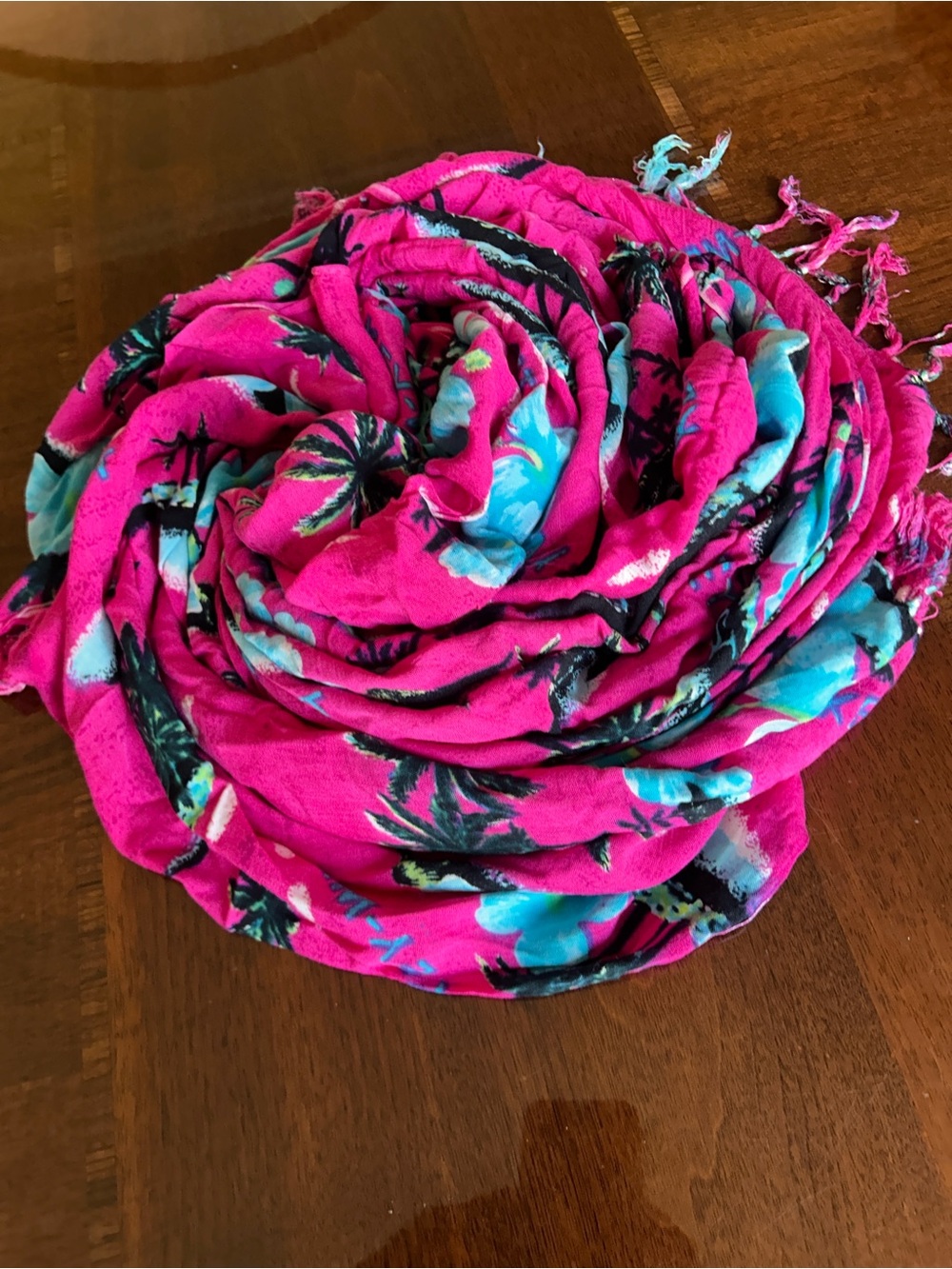 Bright Pink Floral Wrap Scarf with Turquoise Accents Key West pattern 41“ x 58“